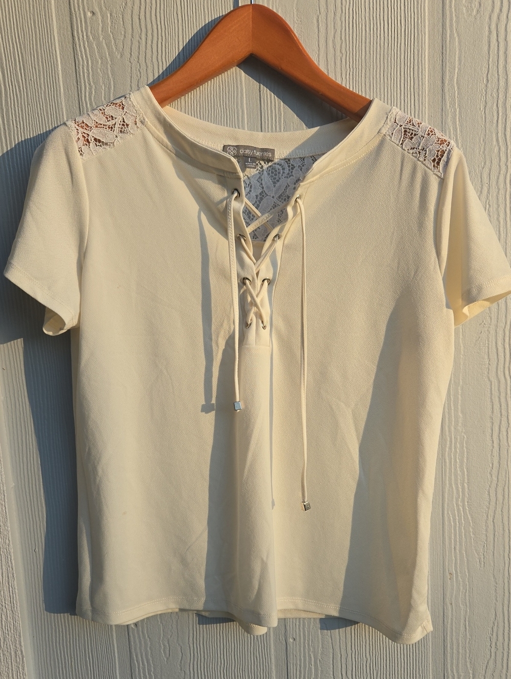 Daisy Fuentes Cream Lace-Accent Lace-Up Short Sleeve Top